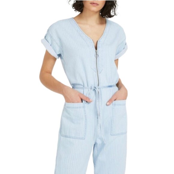 Frank and Oak Atelier Striped Bleached Chambray Denim Jumpsuit l - Picture 1 of 9